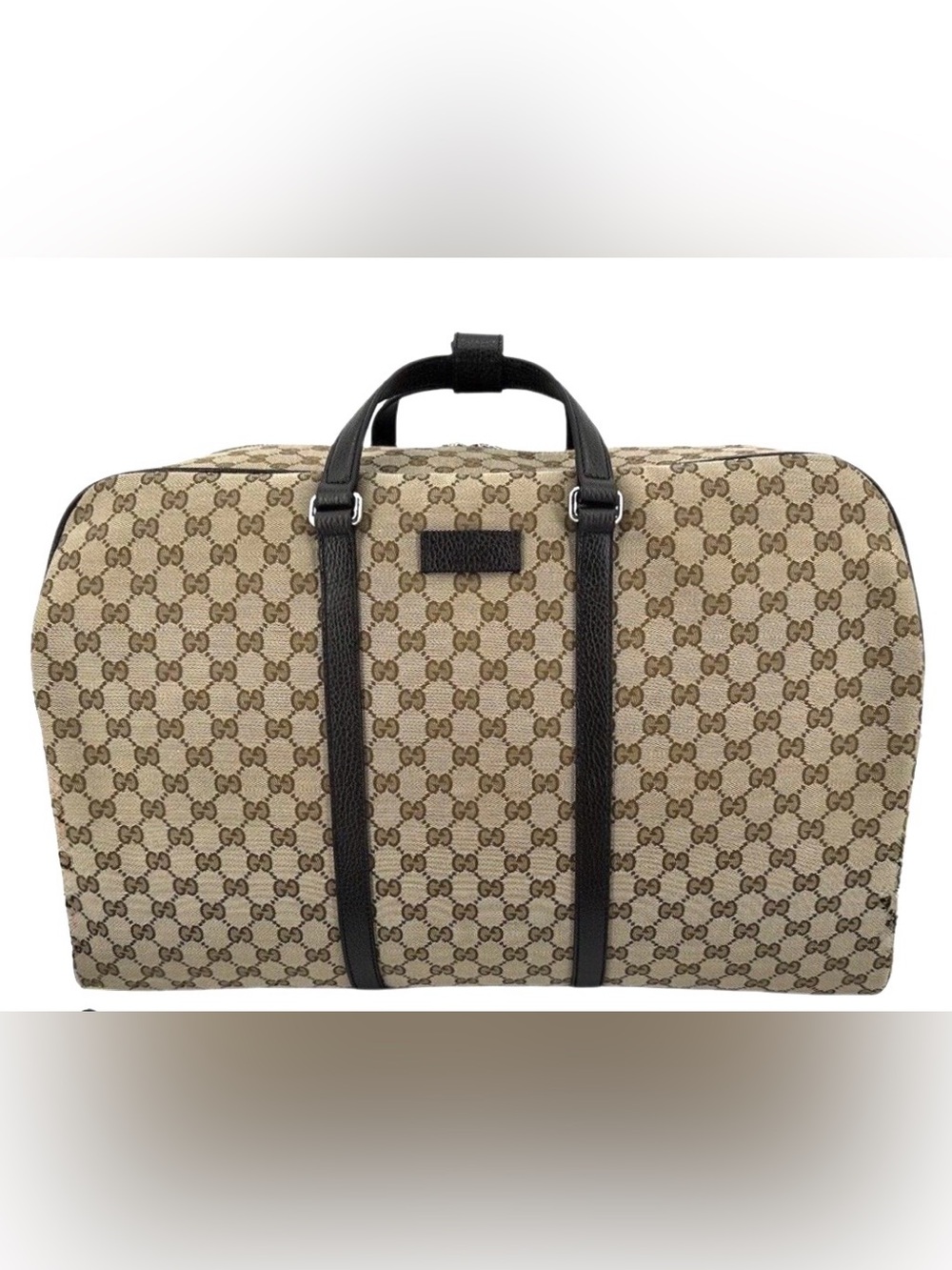 Authentic GUCCI Large GG Logo Beige Canvas Brown Leather Carry on Duffle Bag